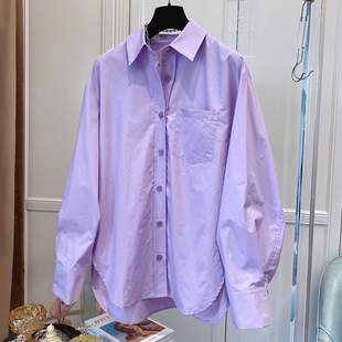 韩国东大门宽松休闲百搭紫色衬衫，女长袖糖果色，打底衫上衣2023春款