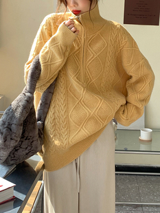 黄色立领针织打底衫女秋季2022中长款拉链加厚设计感毛衣