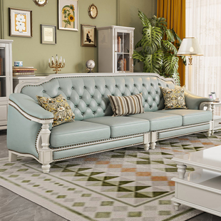 美式白色实木真皮沙发，头层牛皮123组合简美客厅别墅家具转角沙发