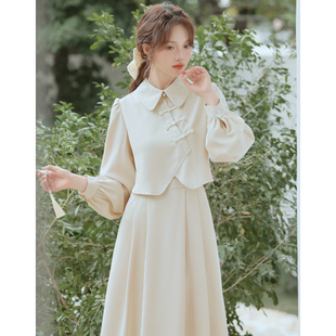 新中式轻国风改良长袖连衣裙春装2024年女法式气质假两件裙子