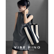 Vibe Ring小众条纹帆布包2023高级感大容量托特包单肩水桶包