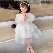 女童泡泡袖公主裙夏季儿童白色网纱裙蕾丝裙子甜美可爱连衣裙