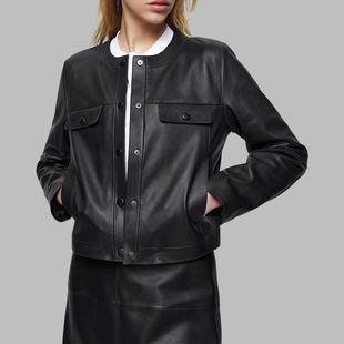 massino dutti女装 黑色真皮低圆领皮衣 MD机车短款气质夹克外套