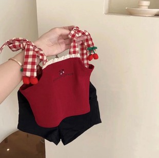女童夏季套装2023宝宝时髦吊带两件套洋气黑短裤儿童网红夏装