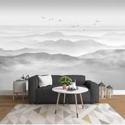 新中式淡雅水墨山水画墙纸电视，沙发背景墙壁纸，定制墙布大气8d壁画