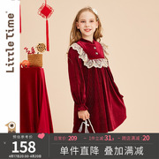 littletime女童酒红色金丝绒裙2023春秋拜年服长袖公主连衣裙