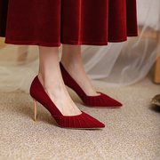2022年红色高跟鞋尖头，细跟褶皱酒红色宴会，礼服婚鞋女新娘单鞋
