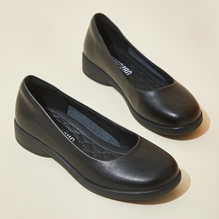 圆头低跟3cm厚底女式浅口皮鞋，平底黑色女单鞋软底上班舒适工作鞋