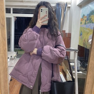 紫色棉服女中长款冬季2023年韩版宽松学生加厚学院风棉袄外套