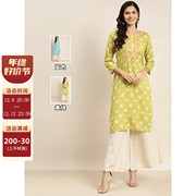 印度长款女士上衣民族风刺绣印花开叉长衫 传统日常服饰棉 黄绿色