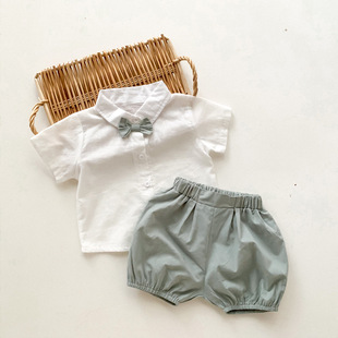 夏季韩版男童套装礼服0-3岁短袖，衬衫短裤带，领结帅气婴儿宝宝周岁