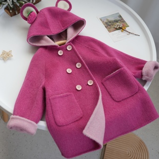 草莓熊双面(熊双面)羊毛大衣，儿童可爱卡通连帽毛呢，女童中长款玫红色外套厚