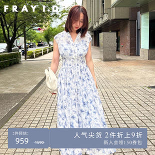 frayi.d2023秋冬优雅v领无袖雪纺碎花茶，歇连衣裙fwfo234200