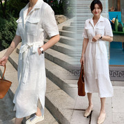 棉麻连衣裙女中长款夏装，2022韩版气质显瘦亚麻，系带衬衫裙子潮