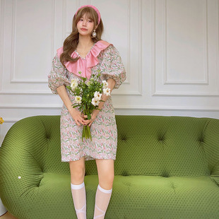 LASS LIZ原创设计师店甜美粉色荷叶边翻领减龄花朵宽松连衣裙2024