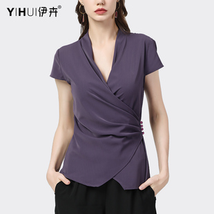 夏季短袖交叉V领雪纺衫女紫色上衣收腰显瘦洋气衬衫百搭小衫