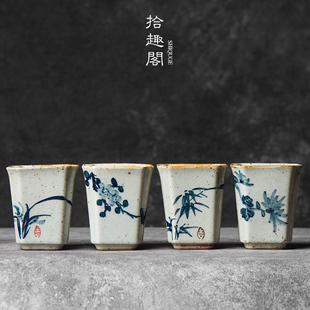 手工粗陶茶杯景德镇复古手绘青花，品茗杯中式功夫，茶具闻香杯方口杯(方口杯)