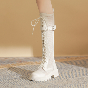 海伦馆夏季长靴，女款2023长筒靴白色马丁靴女夏天薄款镂空靴子