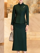 绿色毛呢套装女冬2023中式立领修身显瘦长袖，过膝半身裙两件套