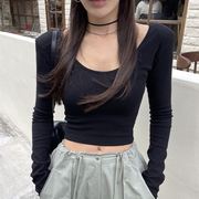春女装韩国hi-comma时尚，气质露脐短款大领t恤