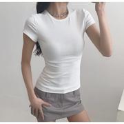美式白色正肩短袖T恤女夏季修身显瘦基础款纯色弹力打底衫上衣