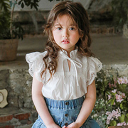 韩版女童衬衫夏洋气女孩纯棉短袖T恤儿童立领蝴蝶结公主蕾丝上衣