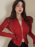 双拉链立领短款上衣女设计感小众，修身显瘦红色开衫长袖t恤打底衫