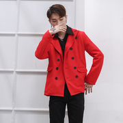 红色毛呢大衣男韩版青年修身中长款呢子外套潮流学生英伦风双排扣