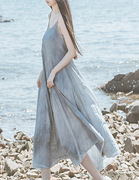 文艺国风植物染色纯棉吊带裙夏季外穿长裙子，飘逸大摆沙滩裙连衣裙