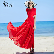 红色雪纺连衣裙女长款到脚踝，夏季收腰显瘦大摆裙气质圆领超长裙子