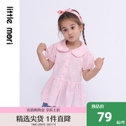 little mori小森林女童纯棉衬衫短袖夏装格子上衣娃娃衫可爱