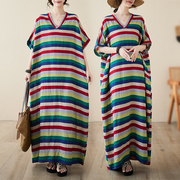 日本外贸一线品牌夏季V领宽松大码简约度假风长裙条纹沙滩裙
