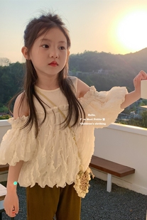 韩系女童莫代尔假两件露肩上衣夏装小仙女宝宝流苏娃娃衫衬衫2023