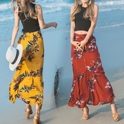 泰国潮牌度假风波西米亚沙滩半身裙，女高腰棉麻，荷叶边鱼尾百褶长裙