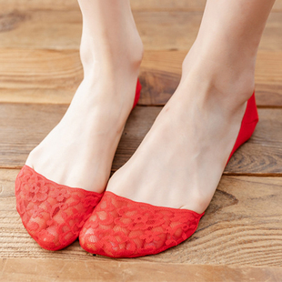 本命年大红色蕾丝袜子女，薄款船袜高跟鞋超浅口隐形袜结婚庆红袜子