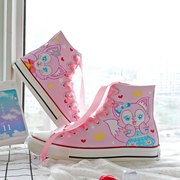 高帮帆布鞋春手绘玲娜贝儿粉色，可爱韩版学生，少女百搭迪士尼板鞋童