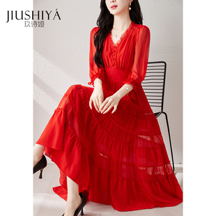 玖诗娅气质红色真丝连衣裙女奢华显瘦纯色高级感时尚桑蚕丝裙品牌
