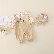 婴儿衣服春秋装0-3个月男女宝宝长袖假两件爬服7满月新生儿连体衣