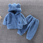 儿童秋冬季法兰绒套装宝宝，睡衣家居服保暖连帽外穿两件套2024