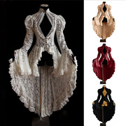 欧美复古风宫廷派对蕾丝服装，礼服宫廷风，拼接立领连衣裙喇叭袖