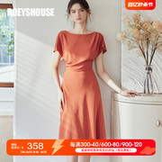 罗衣知性橘红色连衣裙女2024夏装气质蝙蝠袖褶皱大摆裙06560
