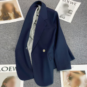 妖猪纯色藏青西装外套，女休闲通勤高ji感西服女