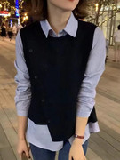 欧货网红拼接长袖条纹衬衫女秋设计感小众韩版宽松时尚假两件上衣