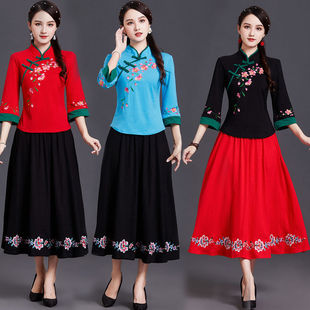 民族风女套装夏装刺绣立领，盘扣短袖上衣，中国风绣花半身裙两件套女