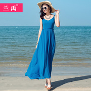 2022夏季海边度假沙滩，裙仙吊带雪纺连衣裙，长款蓝色巴厘岛长裙