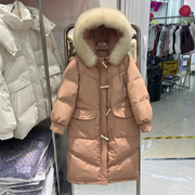 白鸭绒(白鸭绒)羽绒服，女中长款2023年冬季连帽，宽松加厚过膝大毛领外套