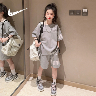 耐克顿女童短袖套装，2024运动两件套中大童，洋气韩版休闲夏装潮