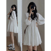 法式白色泡泡袖连衣裙女夏季小个子高级感气质长袖新中式裙子