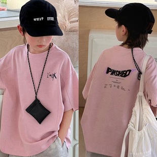 布芮欧2024夏季韩版56037男童粉色印花短袖T恤中大童纯色上衣