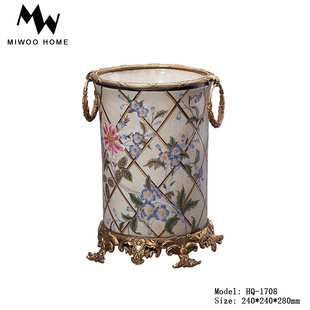 欧式铜配陶瓷花桶装饰复古做旧家居干花花器插花摆件手绘花卉花瓶